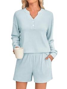 Braroz Womens Ribbed Knit 2 Piece Lounge Sets Outfits Long Sleeve Top and Shorts Pajama Sets Loungewear with Pockets Light Blue XL
