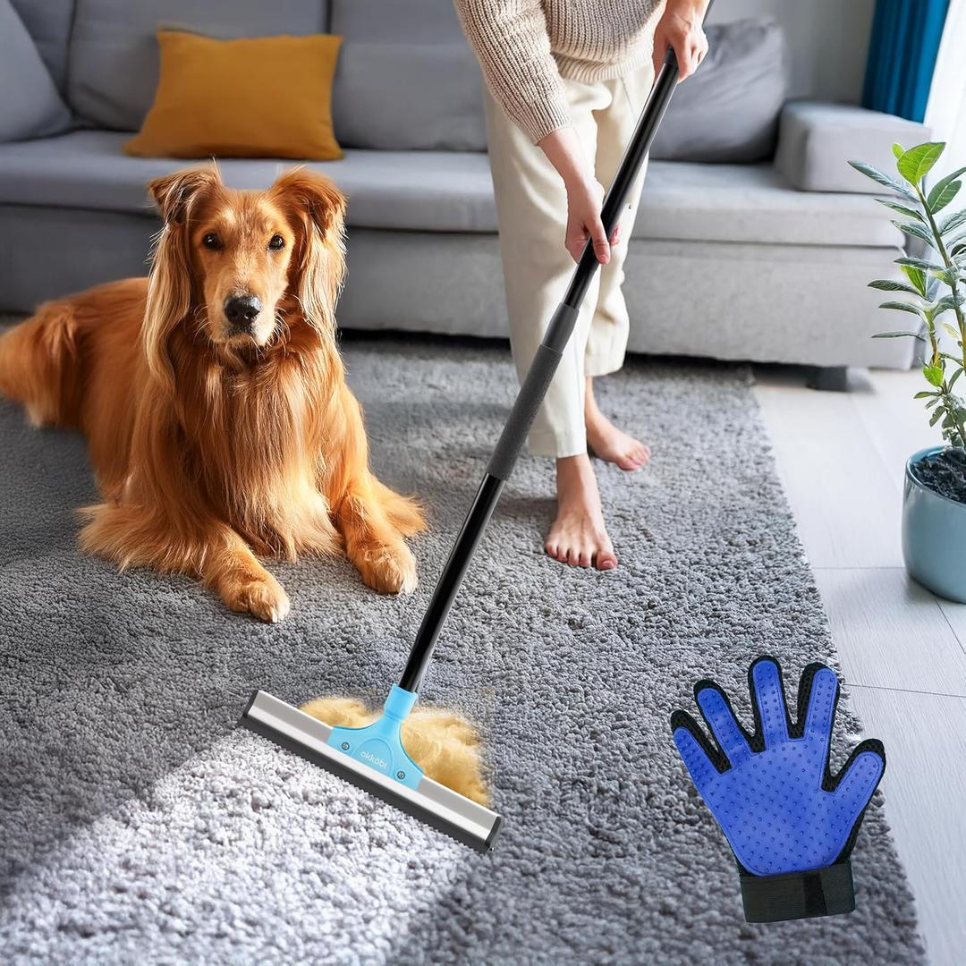 Carpet Rake for Pet Hair Removal  Carpet Scraper & Pet Fur Rake  Dog & Cat - Animal Fur Broom for Rugs & Furniture with Adjustable Lengths - Blue