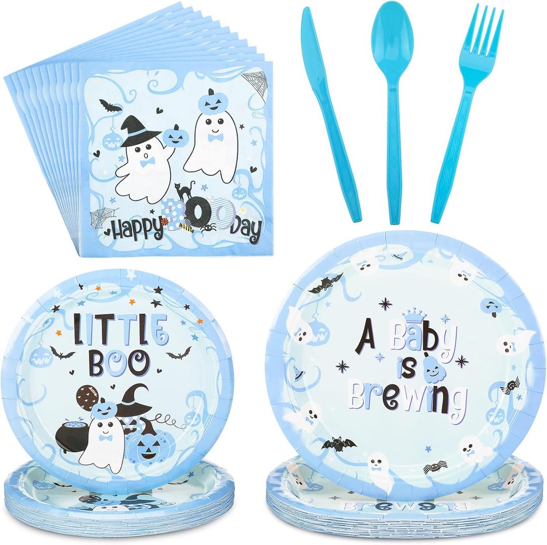 Bokon 96 Pcs Halloween a Baby Is Brewing Baby Shower Party Tableware Set Halloween Plates Napkins Cups Forks Party Supplies for 24 Guests Disposable Dinnerware for Gender Reveal