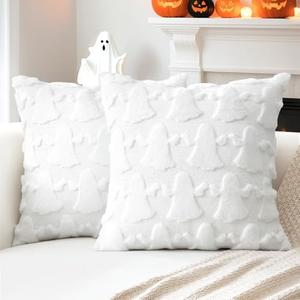 OTOSTAR Set of 2 Ghost Pillow Covers Halloween Throw Pillow Covers for Sofa Couch Bed Living Room Soft Plush Short Wool Velvet Farmhouse Throw Pillow Covers for Thanksgiving Pure White 22x22 Inch