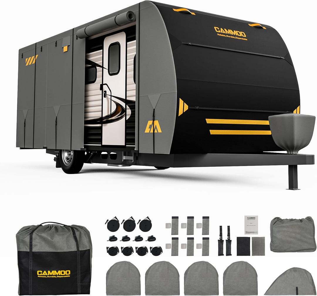 CAMMOO RV Cover for 27-30ft Travel Trailer 9 Layer 180g Heavy Duty Snowproof Waterproof Windproof UV- Resistant All Weather Protection with Full Kit Includes Tire Covers Tongue Jack Cover Storage Bag, Black
