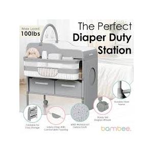 Portable Baby Changing Table with Wheels - Modern Dresser Changing Tables w/Hanging Toys, Laundry Bag, Changing Table Organizer Boxes - Folding Waterproof Baby Diaper Changing Station for Nursery (Cream and gold)