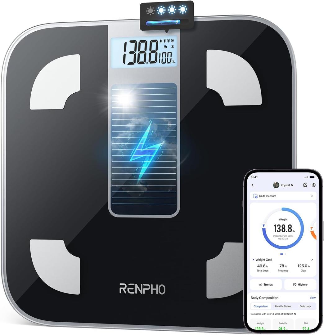 RENPHO Smart Scale for Body Weight, FSA&HSA Eligible, Digital Bathroom Scale BMI Weighing Bluetooth Body Fat Scale, Body Composition Monitor Health Analyzer with Smartphone App, 400 lbs - Elis Solar 1 (Solar Power-Black)
