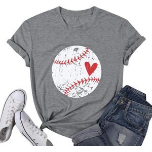 Baseball Shirt Women Baseball Heart Tee Shirts Baseball Mom Tshirt Game Day Casual Crew Neck Short Sleeve Tops (Medium, Grey)
