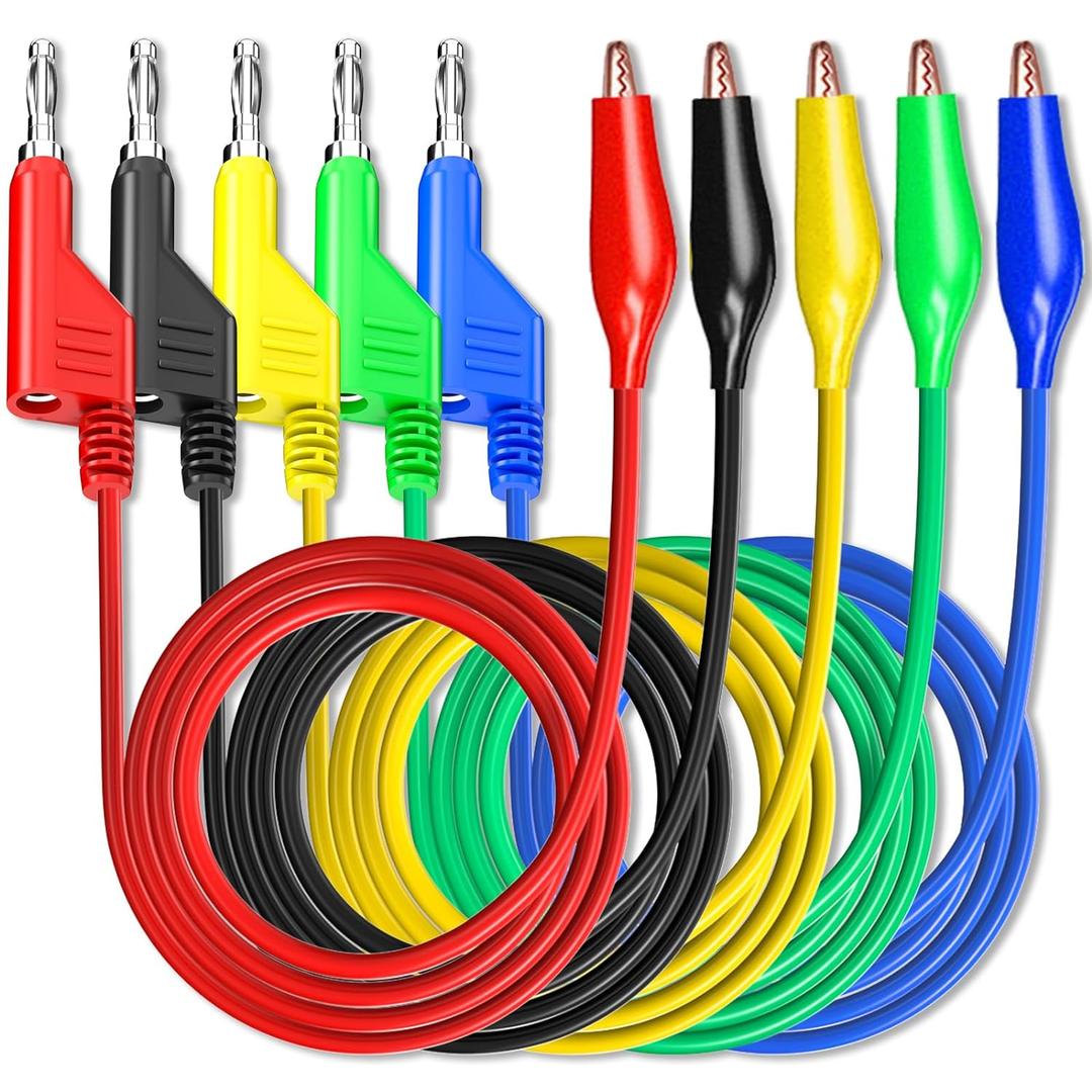 Goupchn Stackabe Banana Plug to Alligator Clips Test Leads 5 Colors Soft Flexible Electrical Wire Cables for Multimeter Electrical Testing 500V/5A