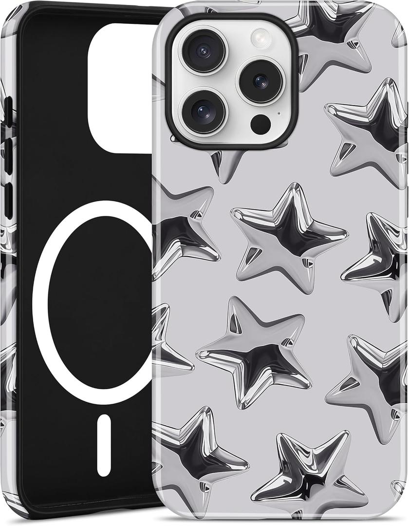 Compatible with MagSafe Star Case for iPhone 15 Pro, Cute Magnetic Aesthetic 3D Star Design Soft TPU and Hard PC Shockproof Protective Phone Cover for Women Girls-Silver