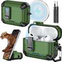 Inesore Compatible with AirPods Pro 2nd/1st Generation Case Cover with Phone Stand & Cleaning Kit,Compatible with Magsafe,Magnetic Automatic Lock for iPod Pro Charging Case(USB-C/Lightning Cable), Dark Green 