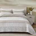 Chezmoi Collection Robyn 3-Piece Neutral Taupe Gray White Floral Hibiscus Flower Patchwork Striped Quilt Set - Pre-Washed Cotton Coverlet - Lightweight Reversible Bedspread, Super King Size