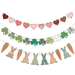 3 Pcs Easter Garlands Wood Bead Bunny Clover Heart Garlands for Easter St. Patrick's Day Valentine's Decorations Spring Wood Hanging Bunny Clover Heart for Mantle (Classic Style)