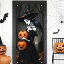 3 x Skeleton Witch Holding Pumpkins Door Cover Halloween Decorations 35x71 Inch Gothic Haunted House Banner for Scary Party Indoor Wall Backdrop