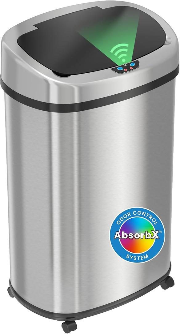 iTouchless Glide 13 Gallon Rolling Sensor Kitchen Trash Can with Lid and Wheels, Odor Filter, Stainless Steel Automatic Kitchen Trashcan Home Office Bedroom Living Room Garage Wastebasket Garbage Bin
