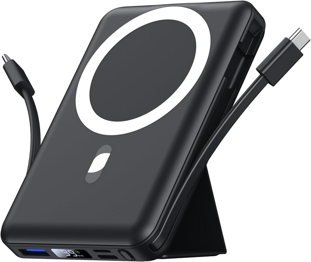 Azmuth for Magsafe Battery Pack, 10000mAh Magnetic Power Bank 22.5W PD Fast Charging with USB-C Cable LED Display Wireless Portable Charger for Magsafe with Stand for iPhone 16/15/14/13/12/Pro/Pro Max (Black)