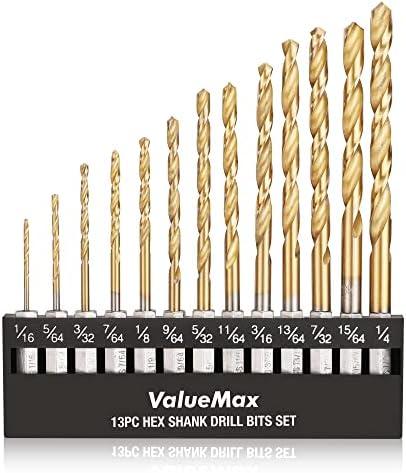 ValueMax Drill Bit Set, Hex Shank Impact Drill Bits with Storage Box, Titanium Coated HSS Twist Drilling Bit Kit for Soft Metal, Wood, PVC, Quick Change Design(13PC, 1/16"-1/4")