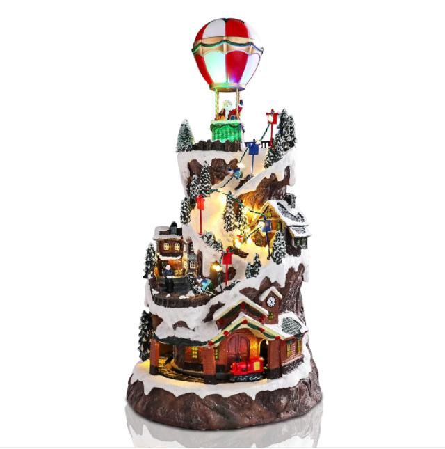 Bdor Large Christmas Village Lighted Decoration Musical Animated Display Christmas Collectible Hot-air Balloon Moutain Battery Operated Indoor Decor