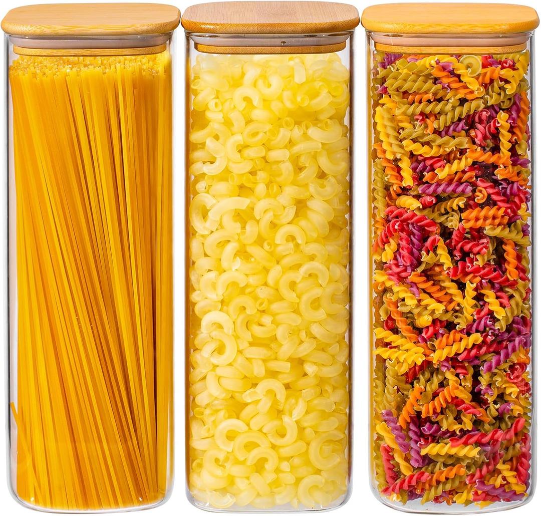73oz 3PCS Sqaure Spaghetti Pasta Storage Containers with Lids, Pantry Containers Tall Glass Tight Food Storage Jars with Lids for Penne, Macaroni, Lasagna, Fusilli, Cereal, Flour, Sugar, Oats