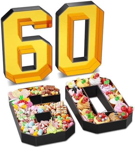 Paready 13.78'' Fillable Cardboard Number 60 for Charcuterie, Gold Black Number 60 Tray, Food Fillable Number 60 Box Flower Candy Cupcakes Container for 60th Anniversary Birthday Party Decoration