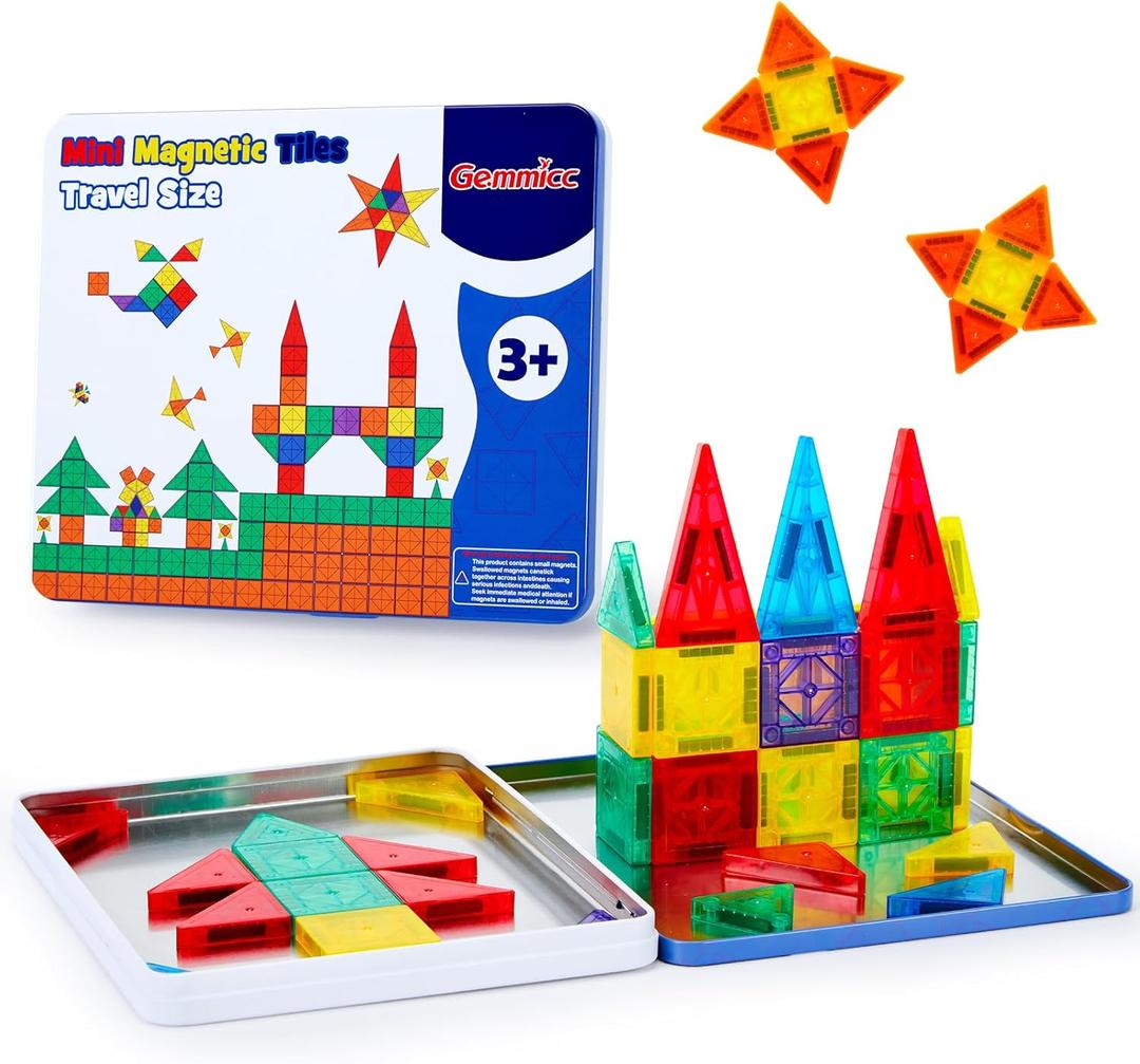 Gemmicc 58 PCS Mini Magnetic Tiles, Travel Magnet Construction Toys with Metal Storage Box, Sensory Montessori Toys for Boys, Girls