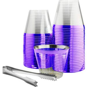100 Purple Rimmed Plastic Cups and 1 Silver Ice Tong Set - 9 Ounce Disposable Wine Glasses - Fancy Clear Plastic Cups - Mermaid Party Supplies