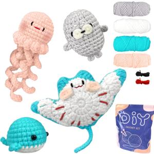 YAMAXIN Crochet Kit for Beginners  Ocean Animal Amigurumi DIY Yarn Kit with Step-by-Step Instructions, Tools & Soft Yarn  4 Pack Crochet Kit Gift for Adults, Teens & Kids (Pink and Blue)