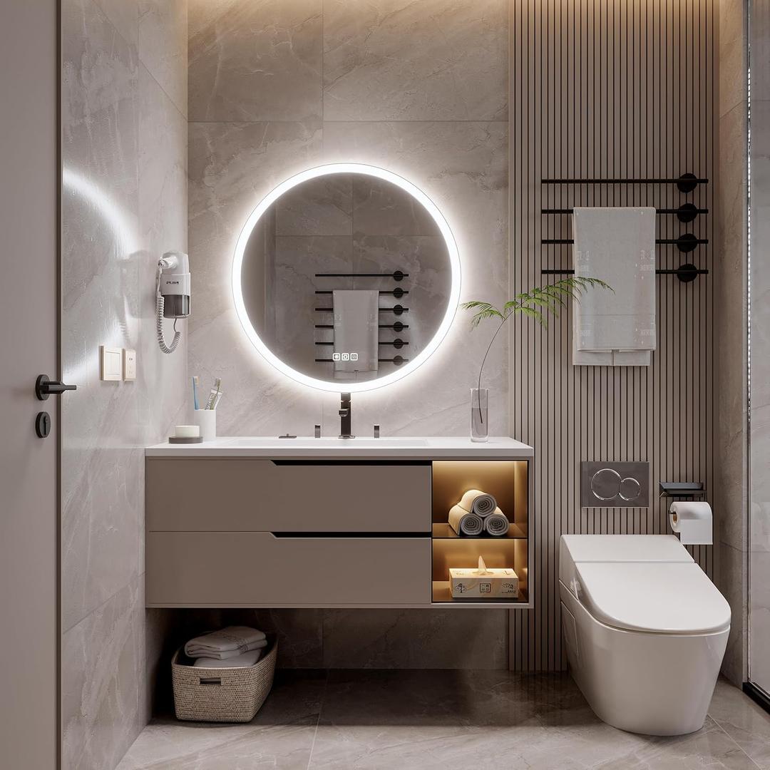 24inches Round LED Mirror,samrt Mirror for Bathroom, Light,Anti- Fog,3 Colors Dimmable,Front and Backlit,CRI90+,Touch Button