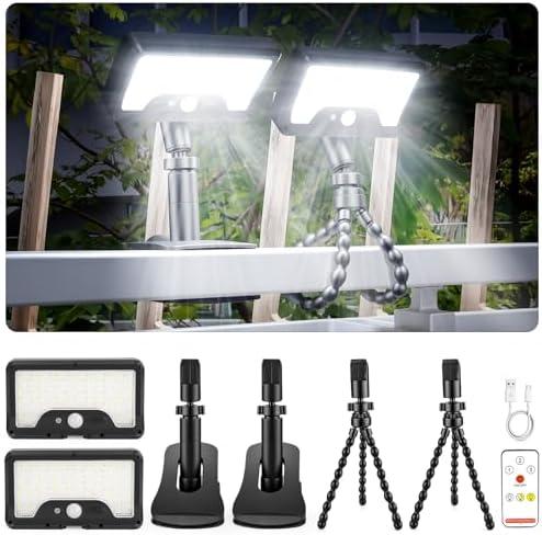 2 Pack Clip On Solar Lights Outdoor with Octopus Tripod, 3 Color Temps & Remote Control, Motion Sensor Fence Lights Solar Powered, IP65 Waterproof Security Light for Outside, Deck, Gutter, Camping