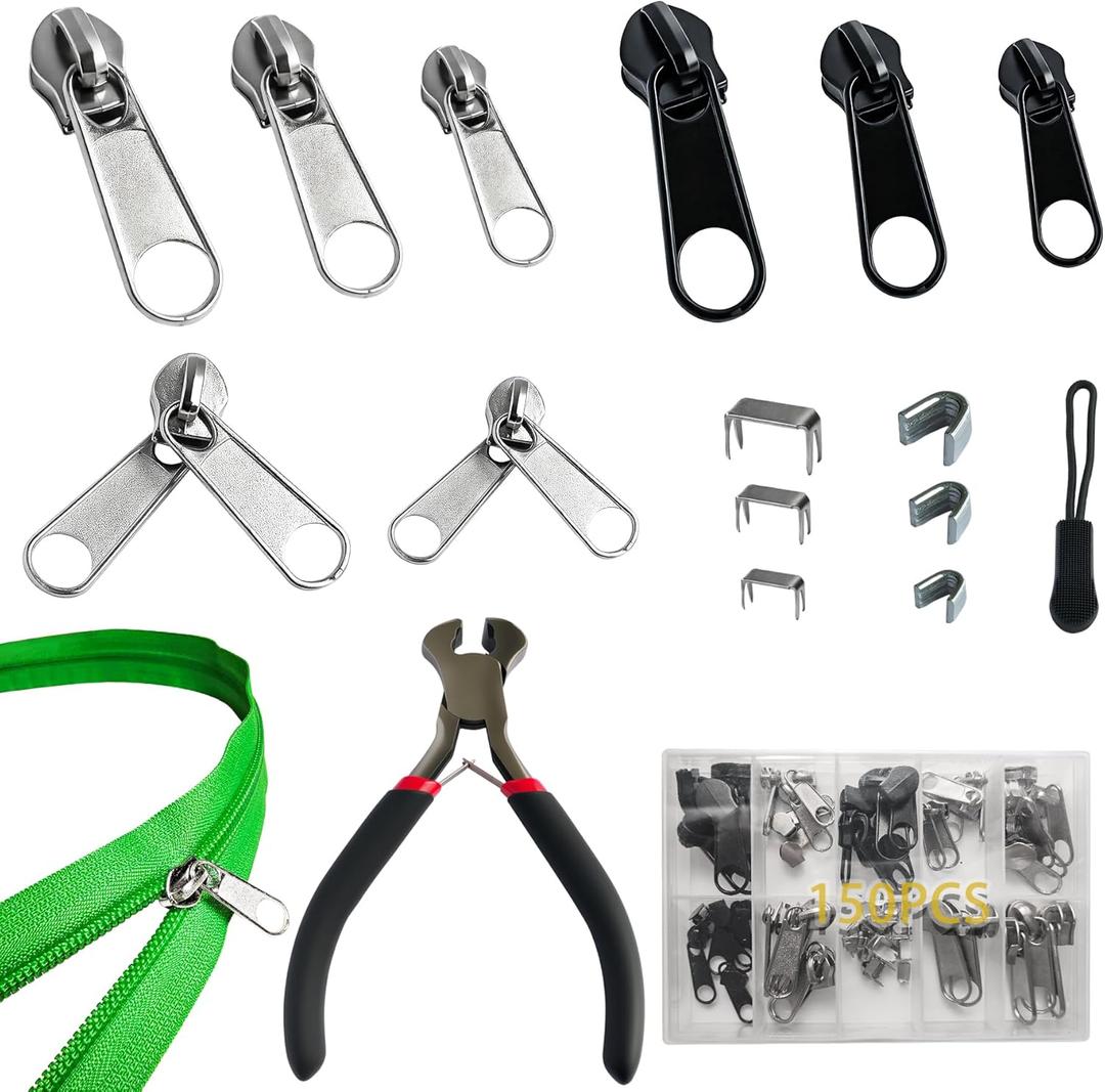 Vintrex 150 Pcs Zipper Repair Kit with Replacement Sliders, #3#5#8 Metal Zipper Pull Replacement Kit with Install Plier for Jackets, Coats, Tents, Backpacks, Sleeping Bags, and Luggage