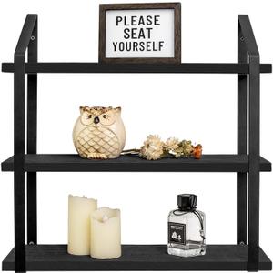 Mkono Floating Wall Shelves 3 Tier Rustic Hanging Shelf with Metal Bracket Wall Mount Wood Storage Display Shelves for Living Room Bathroom Bedroom Kitchen Office,Black