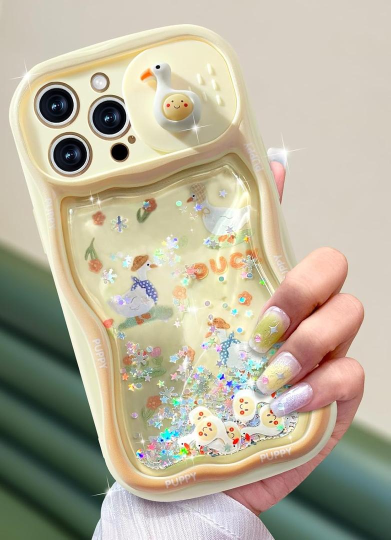Toycamp for iPhone 13 Pro Case 6.1 Inch - Women Girls Cute Phone Cover Duck with Sliding Camera Cover Pretty Girly Glitter Aesthetic Design Flowing Liquid Quicksand Phone Case for iPhone 13 Pro