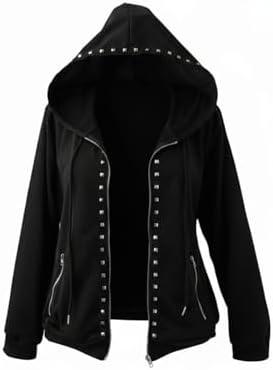 BEAUDRM Women's Plus Size Rivet Studded Hoodies Y2k Gothic Grunge Punk Zip Up Long Sleeve Sweatshirt Jacket Streetwear 2XL