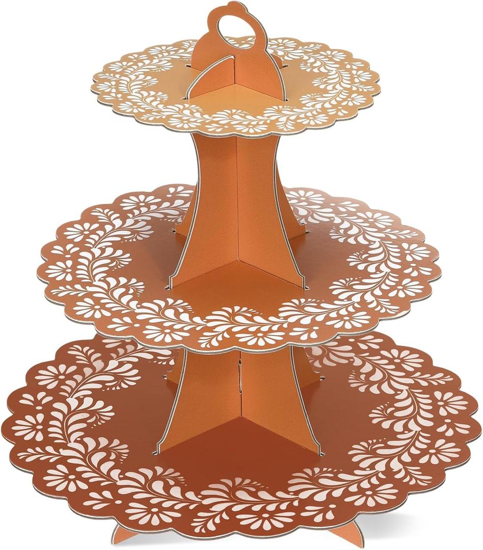 Mexican Cielito Lindo Party Decoration, 3 Tier Terracotta Cupcake Stand, Cardboard Dessert Tower Holder Display for Wedding Cinco De Mayo Baby Shower Birthday Fiesta (Talavera, Light Brown)