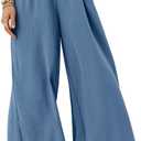 Boho High Waisted Pants for Women, Leoprad Wide Leg Flowy Pants(Blue Grey,L)