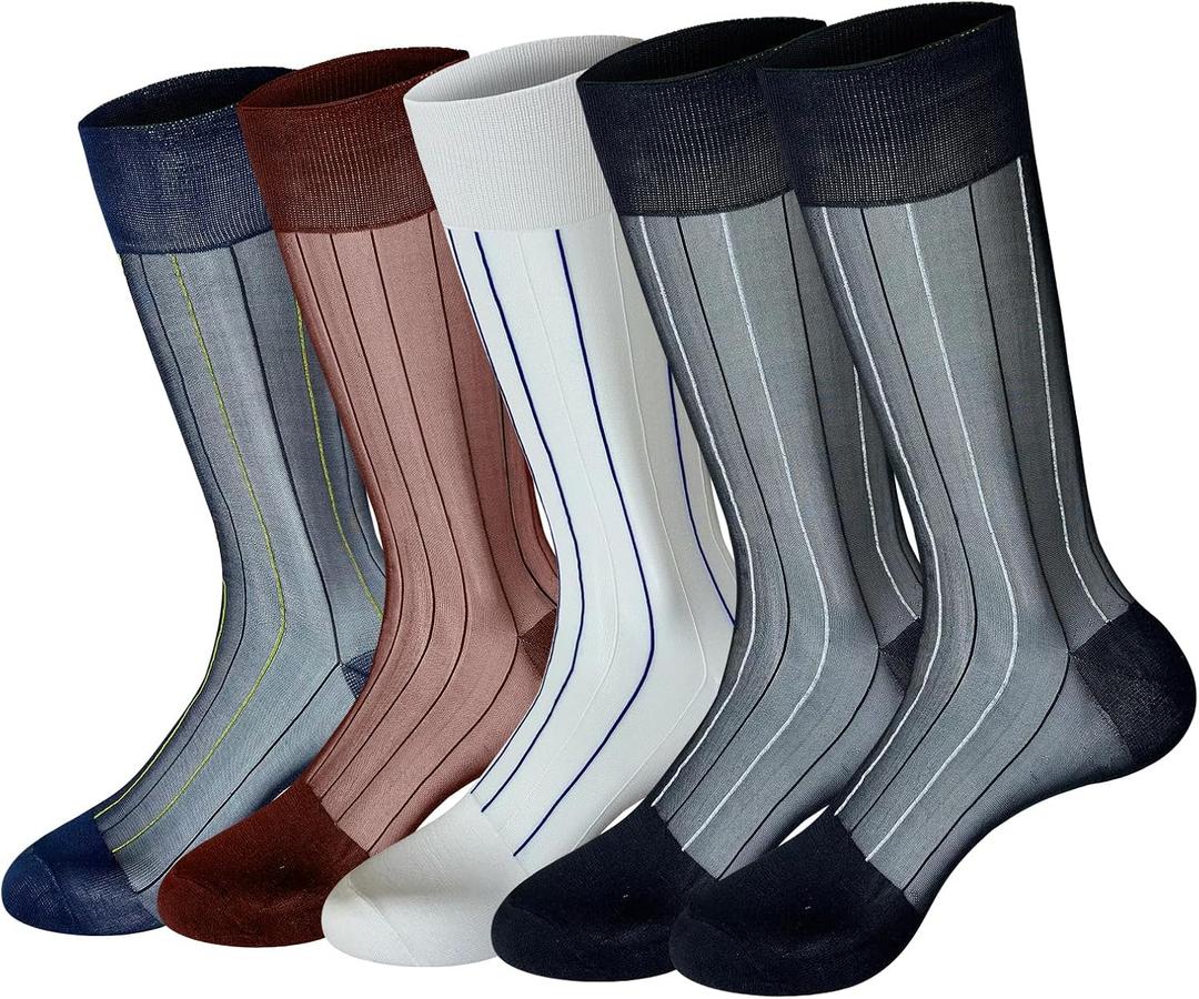 5 Pack Men Silky Socks Sheer Men Dress Socks Ultra Thin Nylon Sox Summer Cool Crew Socks
