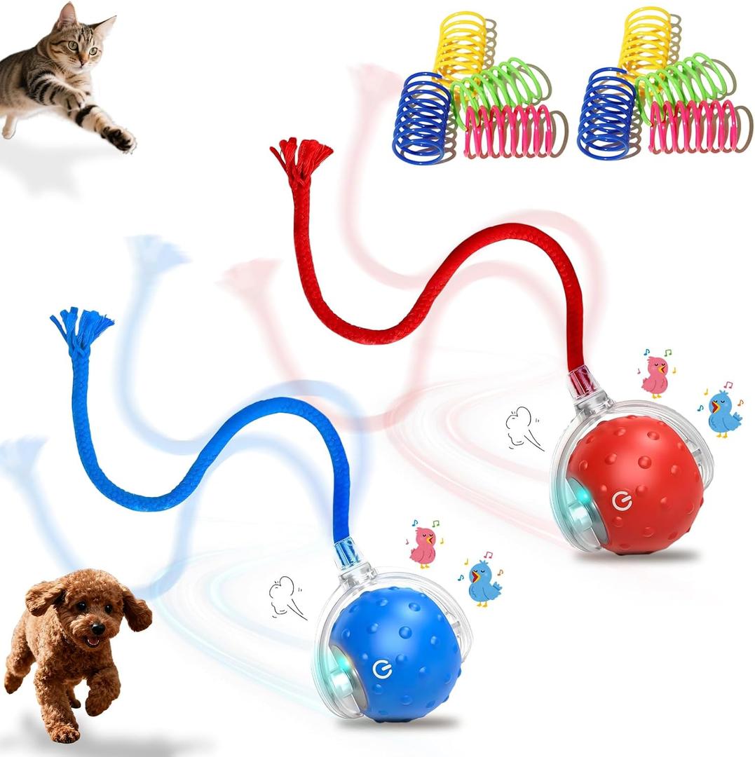 2-Pack Interactive Cat Toys Ball for Indoor CatsDog,Automatic Cat Toy with Smart Obstacle Avoidance&Bird Chirps,Includes 8 Cat Spiral Spring,Cat Enrichment Toys for Indoor Cats(RedBlue)