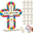 Fuutreo 12 Pcs Jesus is the Light Crafts Vbs Christian Wood Cross Stand Ups Craft Religious Unfinished Wooden Blank Art DIY Coloring Ornaments for Christian Jesus Sunday Church First Communion Art