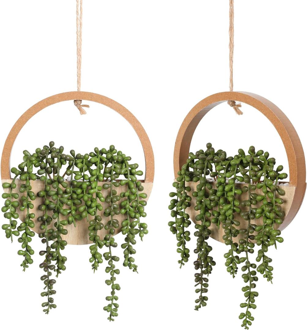 Floweroyal 2pcs Artificial Succulents Hanging Plants 12.2'' Fake String of Pearls in Pot with 8.3'' Lanyard for Indoor Outdoor Wall DecorWood Color.