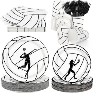 Durony 144 Pieces Volleyball Paper Plates and Napkins Dinnerware Set Volleyball Birthday Party Tableware Supplies Includes Paper Plates Napkins Forks Serve 24 for Sports Party Supplies
