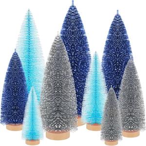 Leyndo 9 Pcs Blue Classic Artificial Mini Christmas Tree Sisal Bottle Brush Trees with Wood Base Christmas Pine Trees for Autumn Winter Holiday Home Kitchen Party Decor