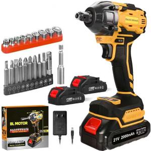 Cordless Impact Wrench, 21V Torque Power Impact Driver, 1/2" Power Impact Wrenches with 2 * 2.0Ah Batteries with 19 Accessories, Electric Impact Motor Variable Speeds for home installation (Yellow)