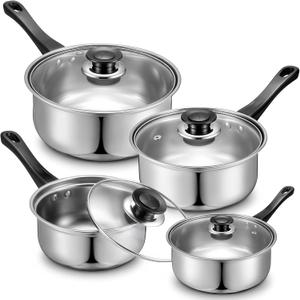 Hushee Stainless Steel Saucepan Set with Lids 8 Pcs, Sauce Pans 1QT, 2QT, 3QT, 4QT Tri-Ply Bottom Sauce Pot Set with Bakelite Handle, Induction Compatible Dishwasher & Oven Safe for Boiling Cooking