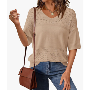 PRETTYGARDEN Women's Short Sleeve Sweater Tops 2025 Spring Summer Casual V Neck Ribbed Knit Trendy Eyelet Blouse T Shirts (Dark Apricot, Medium)