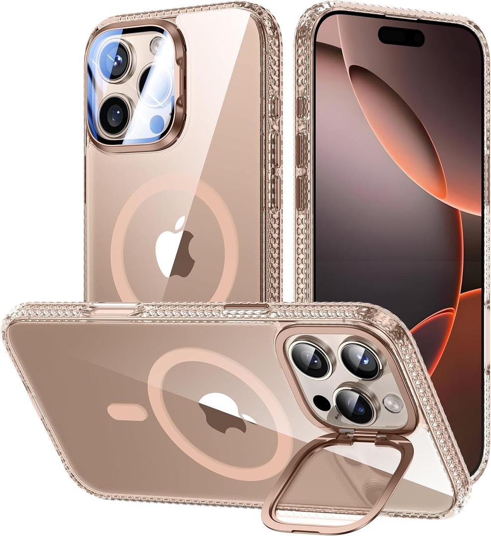 VOFATA [Upgraded] for iPhone 16 Pro Max Case with Camera Cover Stand [Fit for MagSafe][9H Camera Lens Protector] Mil-Grade Protection Transparent Magnetic iPhone 16 Pro Max Phone Case, Clear Gold