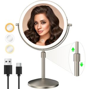 8" Lighted Makeup Mirror, 1X/10X Magnification with Light, Double Sided Dimmable, Rechargeable & Brightness & Height Adjustable, Cordless Vanity (Brushed Nickel)