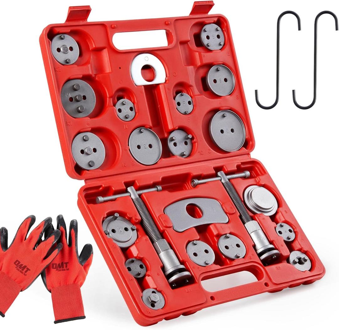 Orion Motor Tech 24pcs Brake Caliper Tool, Heavy Duty Brake Caliper Compression Tool Caliper Piston Tool for Brake Pad Replacement Reset, with Thrust Bolt Assemblies Retaining Plates 18 Disc Adapters (Red)