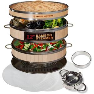 Bamboo Dumpling Steamer Basket 12 Inch & Accessories Set, 2 Tier Bamboo Steamers for Cooking, Steam Basket Dumplings, Bun, Dim Sum, Vegetables, Seafood, Rice Natural Asian Kitchen Steamer Cookware Kit