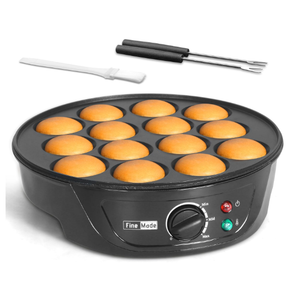 Non Stick Mini Pancakes Maker Machine, Electric Poffertjes Pan with Browning Control, Small Ebelskiver Aebleskiver Pan, Dutch Mini Pancake Maker, with Brush & Forks, 14 Slots, Black