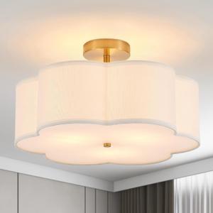 Modern Semi Flush Mount Ceiling Light Modern Gold 3-Lights Drum Ceiling Lighting Fixture Vintage Linen Golden Ceiling Lamp for Laundry Room, Kitchen, Basement, Dining Room, Bedroom