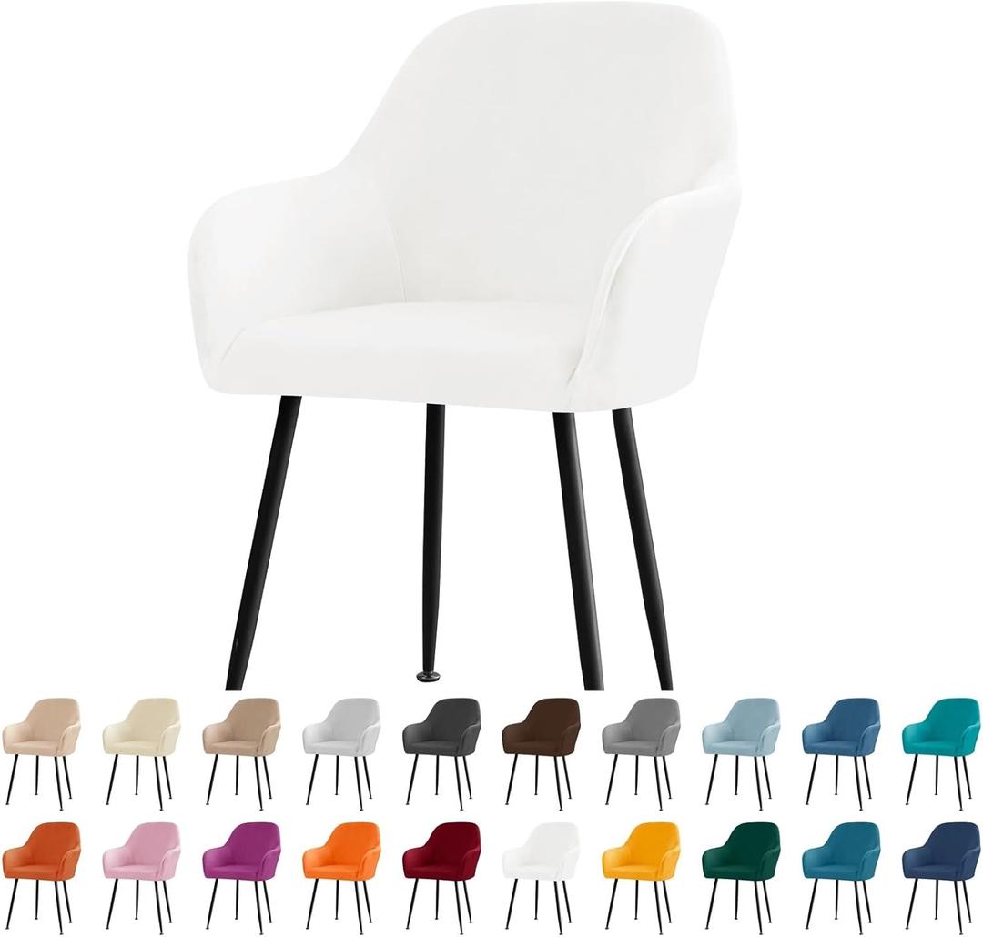 Velvet Curved Back Dining Room Chair Covers with Arms Stretch Swivel Bar Stool Chair Slipcover with Armrest Accent Vanity Kitchen Armchair Cover Office Desk Chair Protector Covers (White, 1PC)