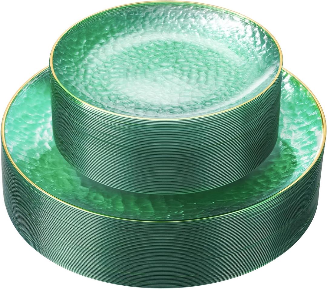 realluck 100 Pcs Clear Green Plastic Plates with Gold Rim, Premium Hammered Texture Disposable Party Dinnerware Set (50 Dinner Plates & 50 Dessert Plates) for Wedding, Birthday, Thanksgiving, Large