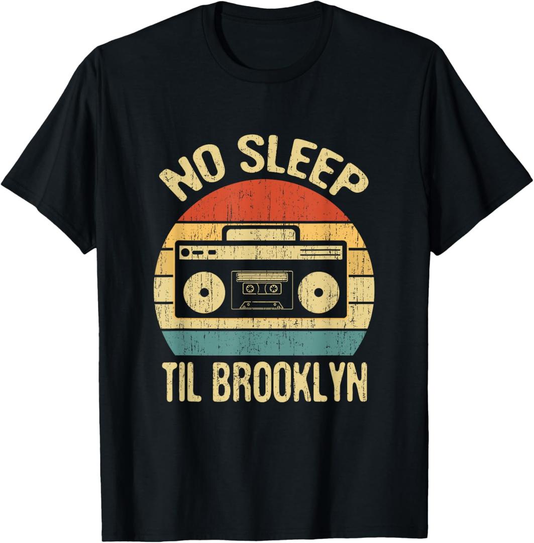 No Sleep Til Brooklyn Retro Old School Stereo Ghetto Blaster T-Shirt (Small, Black)