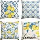 AVOIN colorlife Lemon Summer Throw Pillow Covers, 18 x 18 Inch Bule Diamond Check Bamboo Summer Cushion Case for Sofa Couch Set of 4